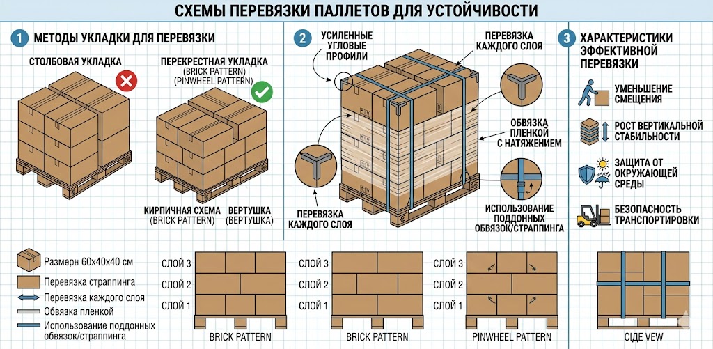 перевязочная схема укладки паллетов из картоных коробок 60x40x40 на европоддоны