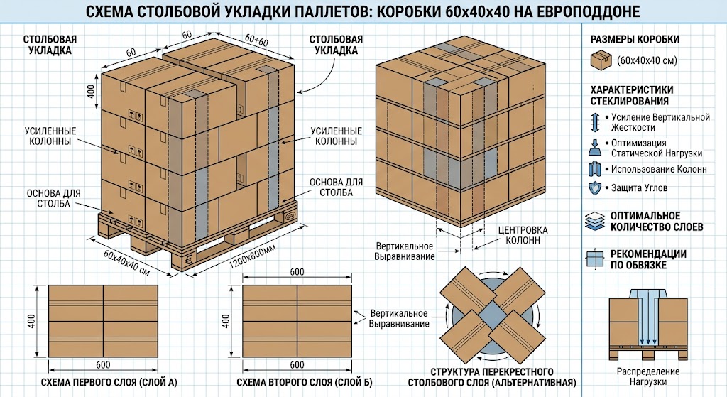 столбовая схема укладки паллетов из картоных коробок 60x40x40 на европоддоны